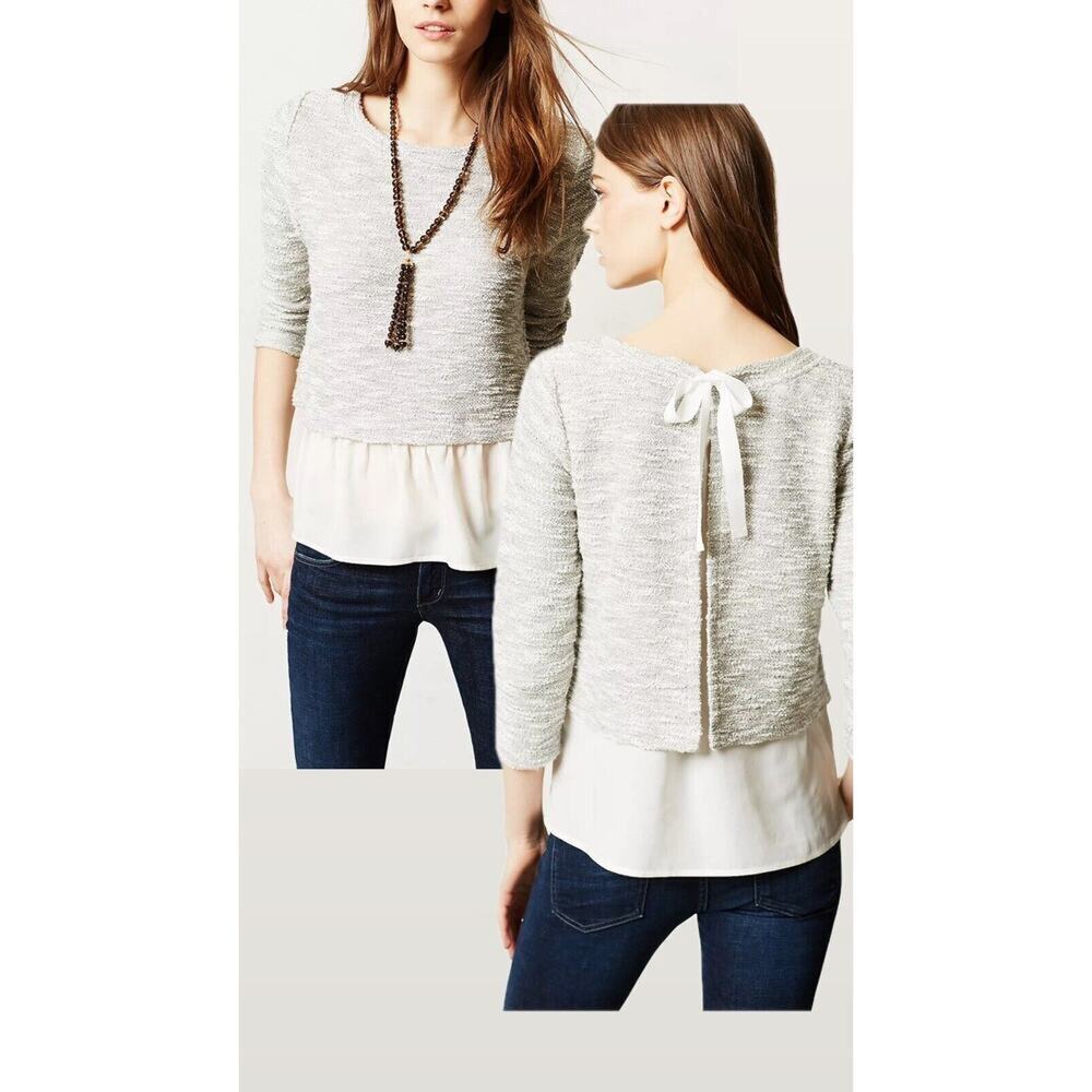 Anthropologie Gray and White Crew Neck Sweater